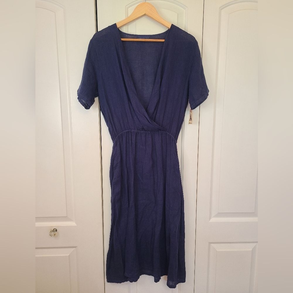 CP SHADES Navy Blue Tais Linen Midi Wrap Dress Short Sleeve Size XS